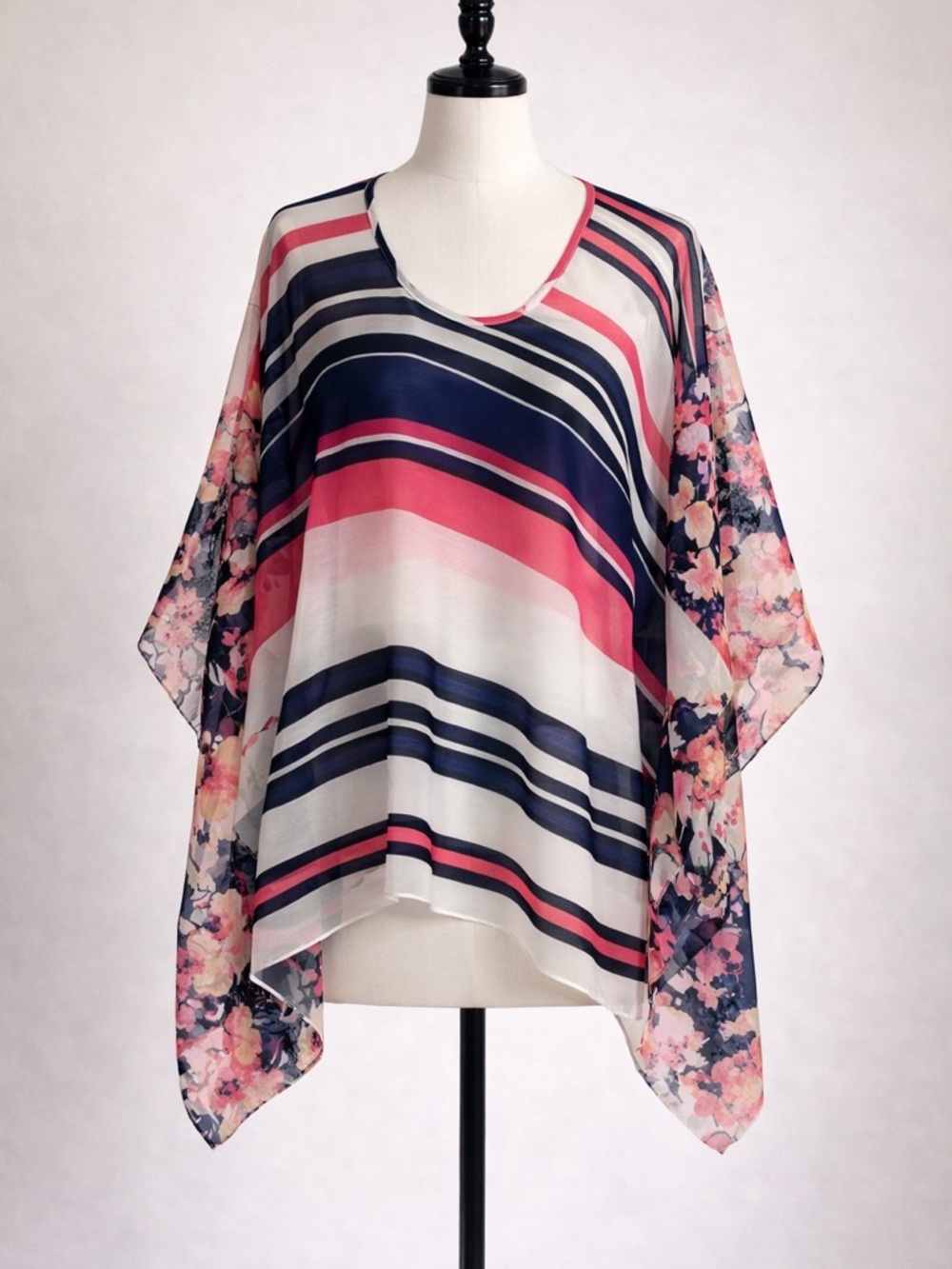 New York & Company Sheer Floral Stripe Kimono Blouse S/M Boho Cover Up